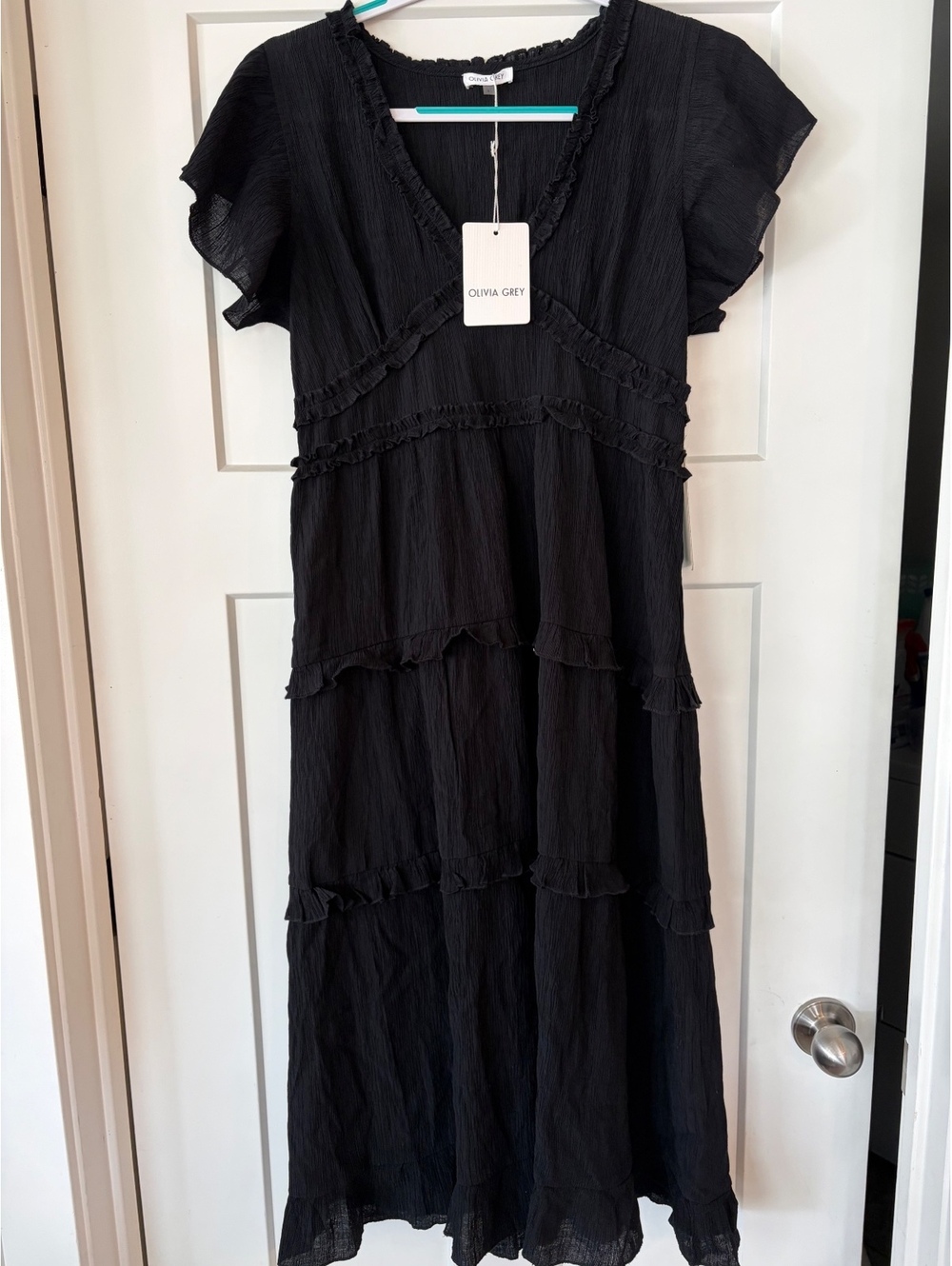 Olivia Grey Black Tiered Ruffle Midi Dress — Size L (NWT)